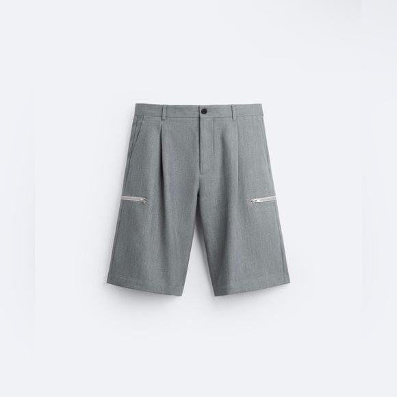 NWT ZARA Men's Gray Textured Cargo Pleated Long Shorts Bottoms 32 W - Picture 1 of 2